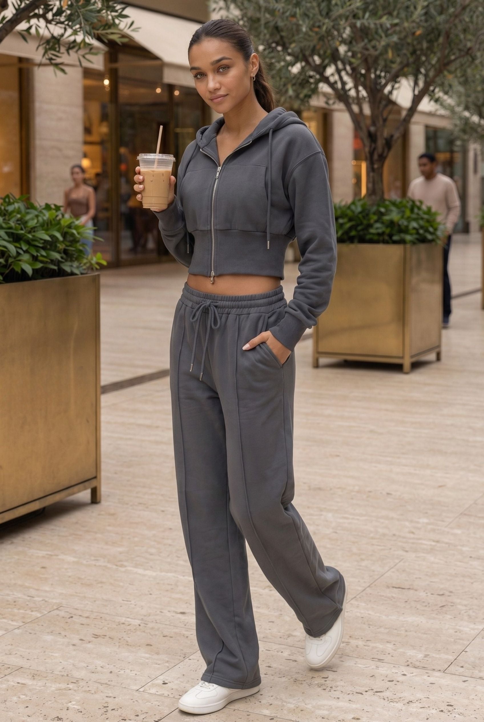 [PRIORIDADE] Nuevo traje informal de algodón de manga larga con cremallera, cárdigan, sudadera con capucha y pantalones con cordones, conjunto de dos piezas para mujer