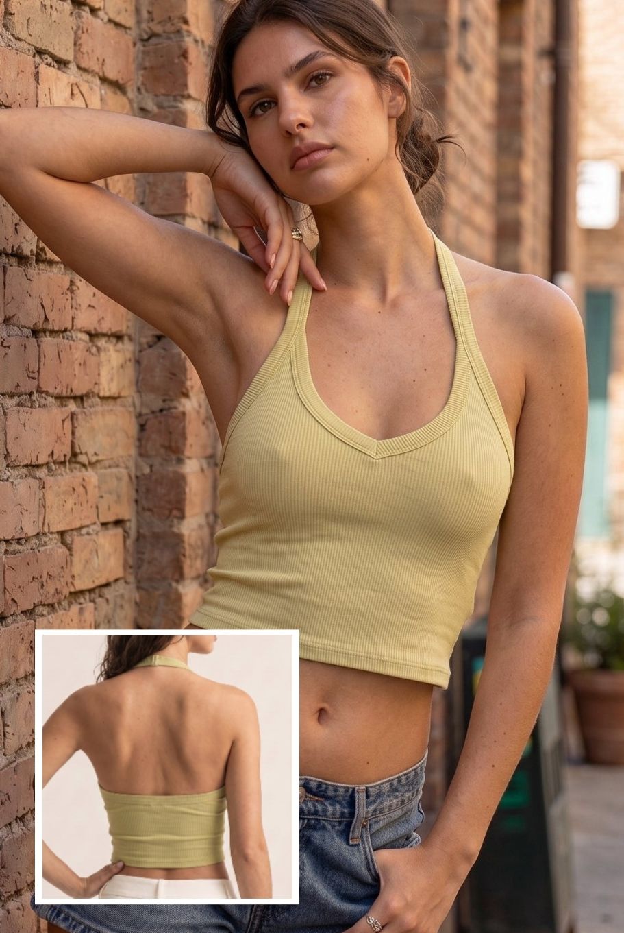 Camiseta larga halter acanalada con contorno