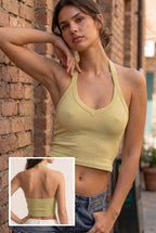 Camiseta larga halter acanalada con contorno