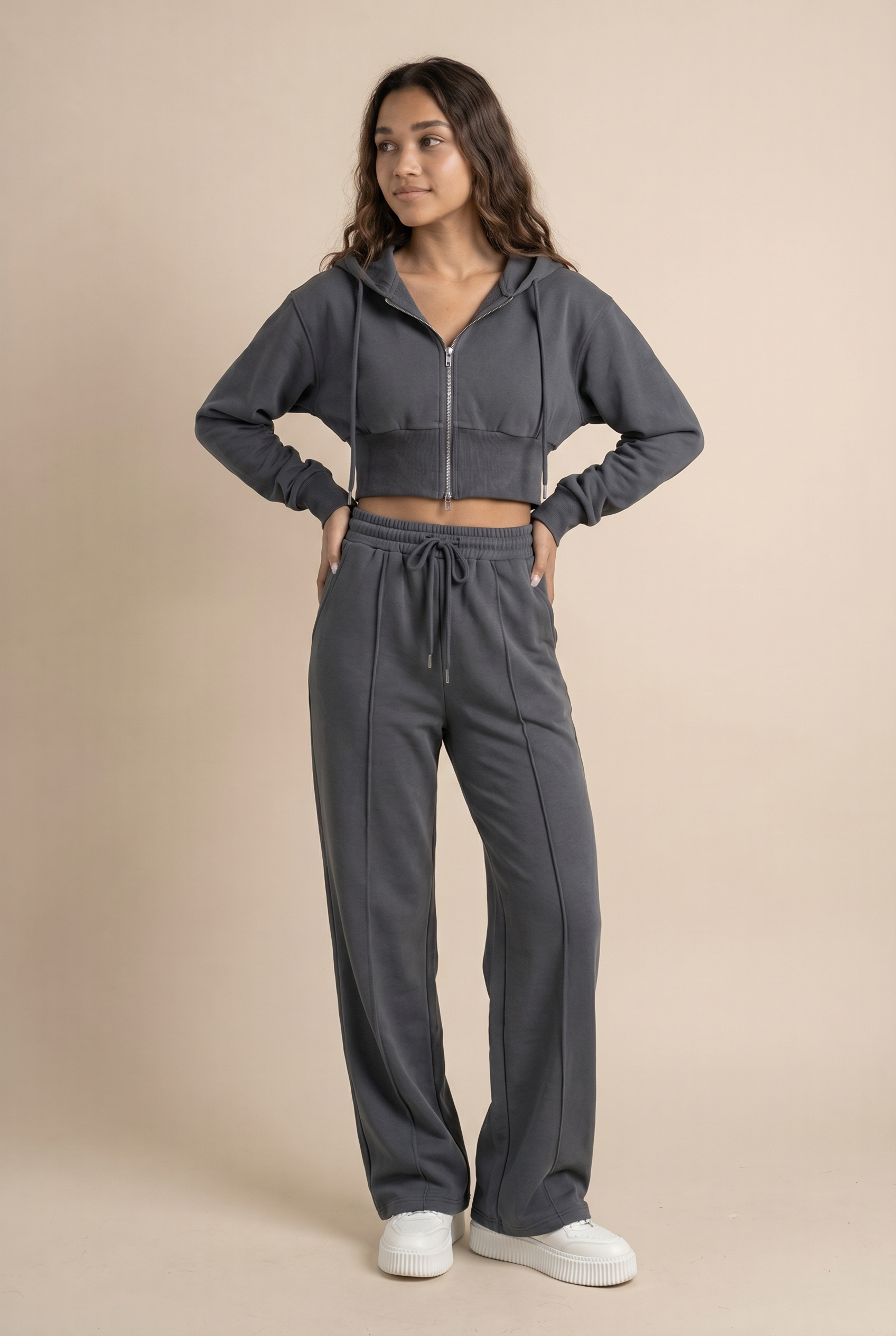 [PRIORIDADE] Nuevo traje informal de algodón de manga larga con cremallera, cárdigan, sudadera con capucha y pantalones con cordones, conjunto de dos piezas para mujer