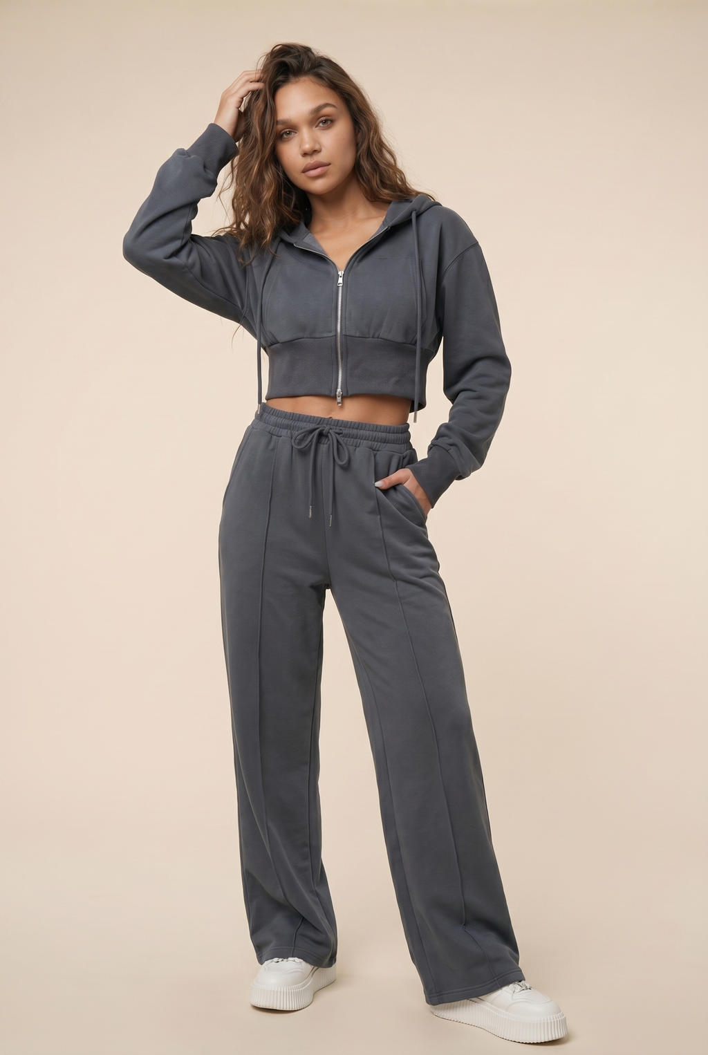 [PRIORIDADE] Nuevo traje informal de algodón de manga larga con cremallera, cárdigan, sudadera con capucha y pantalones con cordones, conjunto de dos piezas para mujer