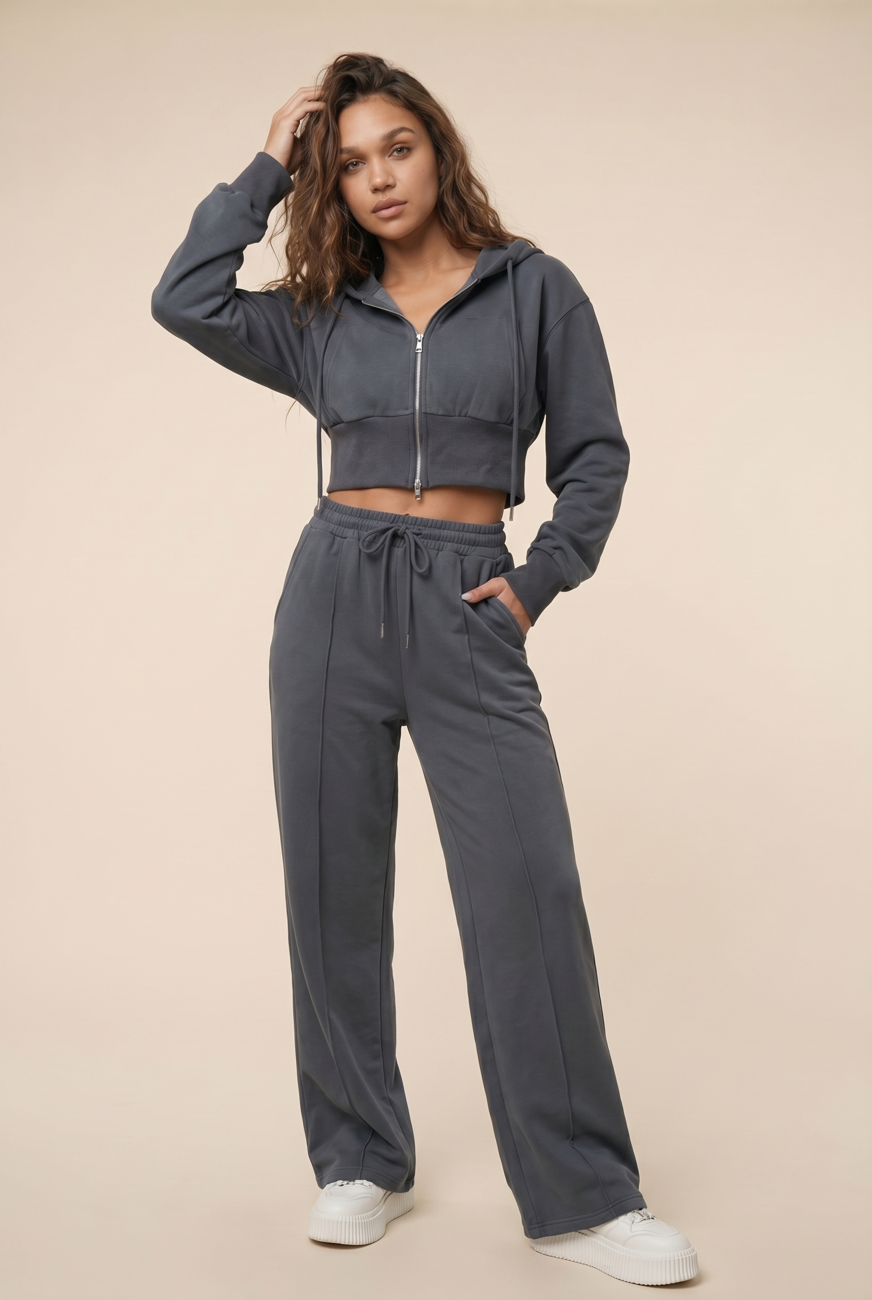 [PRIORIDADE] Nuevo traje informal de algodón de manga larga con cremallera, cárdigan, sudadera con capucha y pantalones con cordones, conjunto de dos piezas para mujer