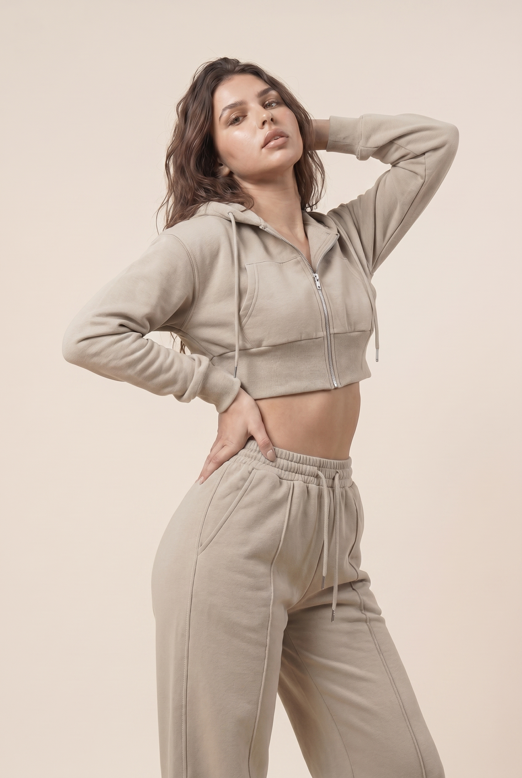[PRIORIDADE] Nuevo traje informal de algodón de manga larga con cremallera, cárdigan, sudadera con capucha y pantalones con cordones, conjunto de dos piezas para mujer
