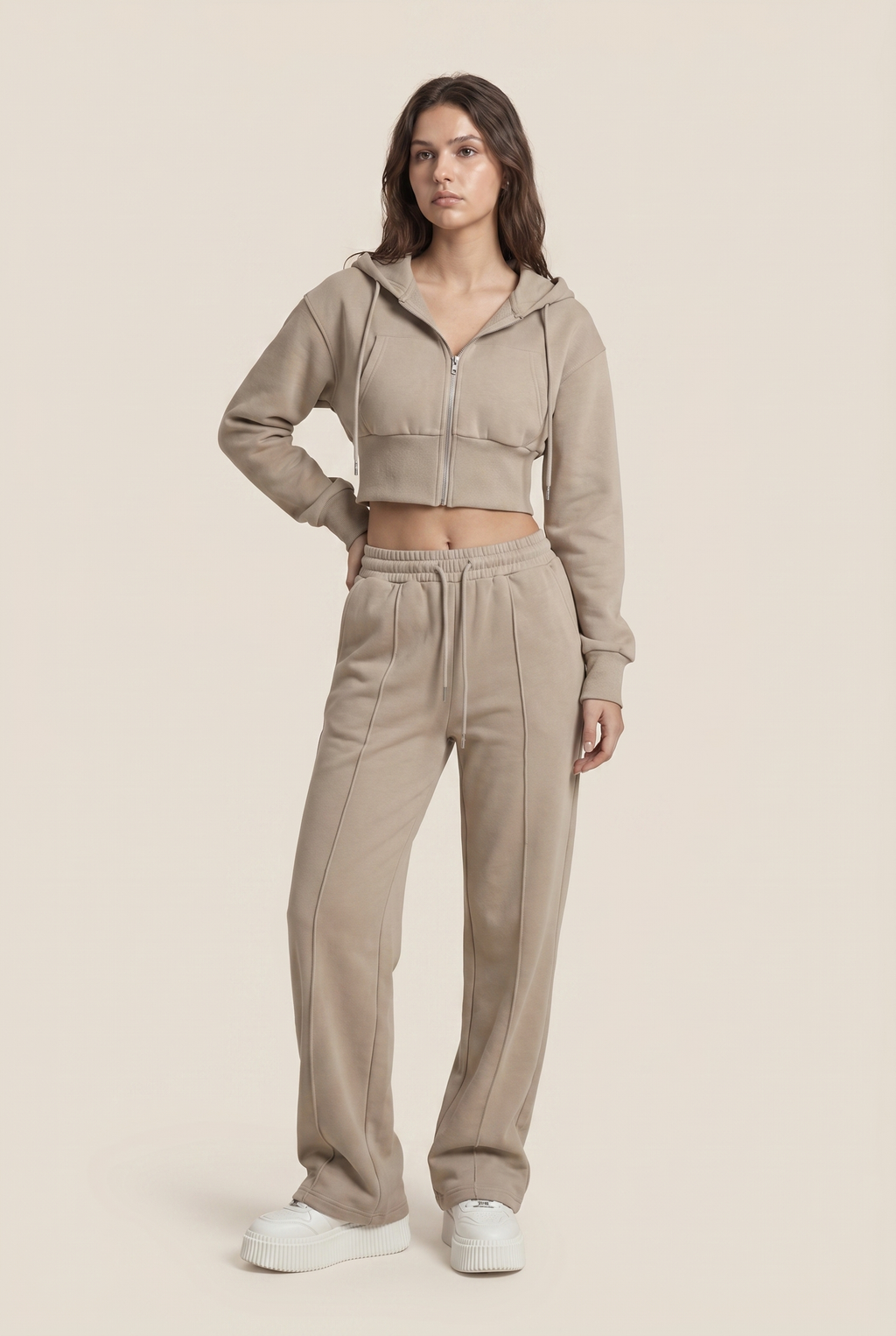 [PRIORIDADE] Nuevo traje informal de algodón de manga larga con cremallera, cárdigan, sudadera con capucha y pantalones con cordones, conjunto de dos piezas para mujer