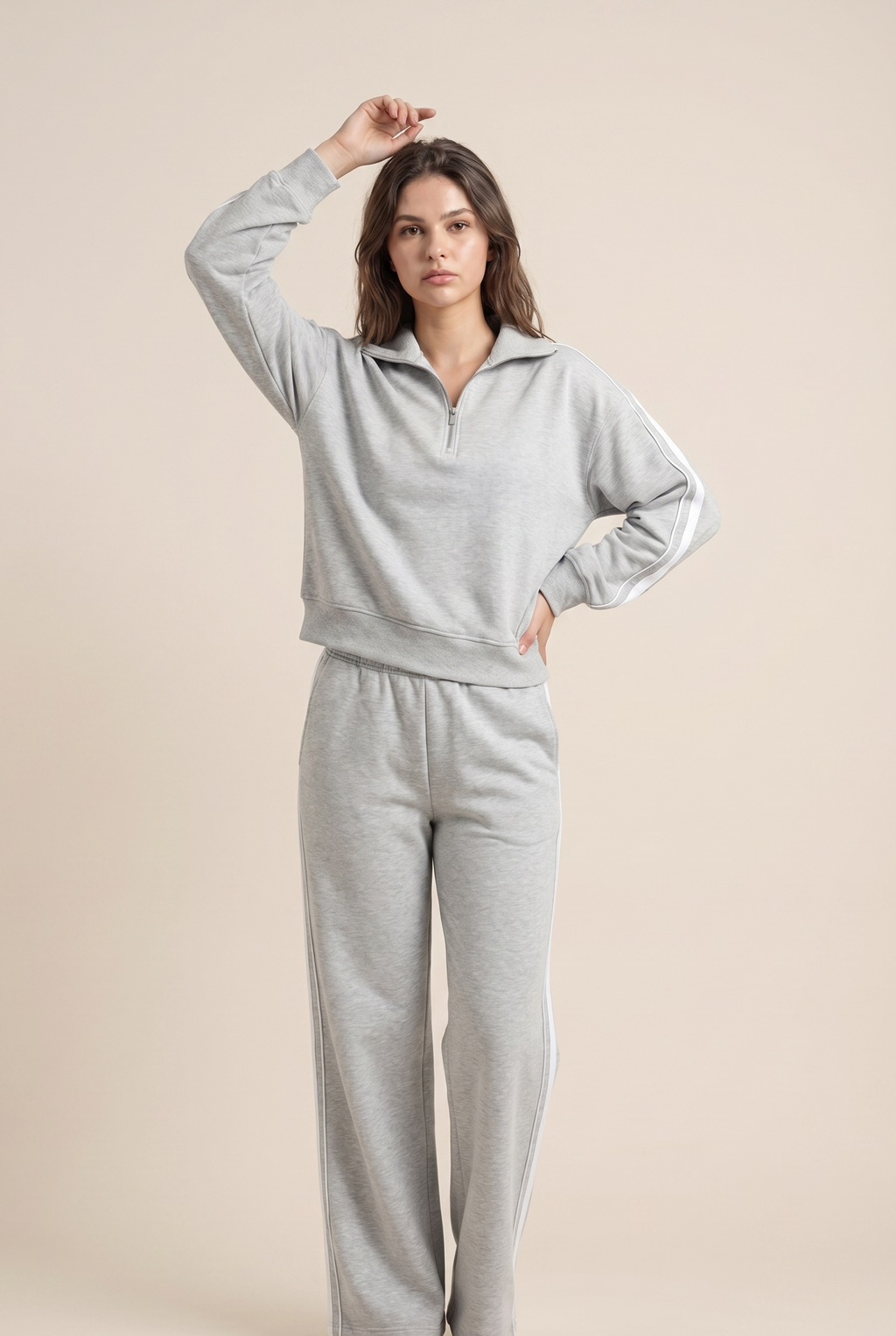 [PRIORIDADE] Conjunto deportivo casual de dos piezas para mujer, otoño, estilo retro, color sólido, sudadera con cremallera, pantalones de pernera ancha con cordón en la cintura, ropa de calle