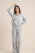 [PRIORIDADE] Conjunto deportivo casual de dos piezas para mujer, otoño, estilo retro, color sólido, sudadera con cremallera, pantalones de pernera ancha con cordón en la cintura, ropa de calle