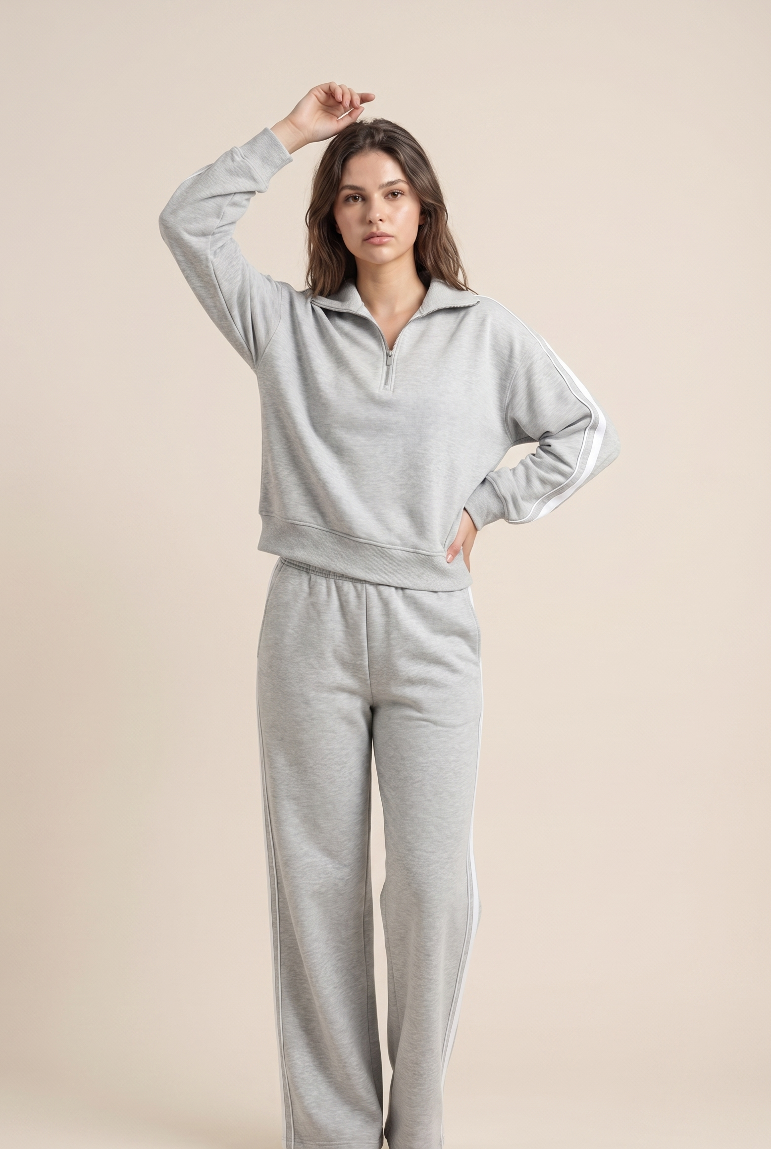 [PRIORIDADE] Conjunto deportivo casual de dos piezas para mujer, otoño, estilo retro, color sólido, sudadera con cremallera, pantalones de pernera ancha con cordón en la cintura, ropa de calle