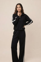 [PRIORIDADE] Conjunto deportivo casual de dos piezas para mujer, otoño, estilo retro, color sólido, sudadera con cremallera, pantalones de pernera ancha con cordón en la cintura, ropa de calle