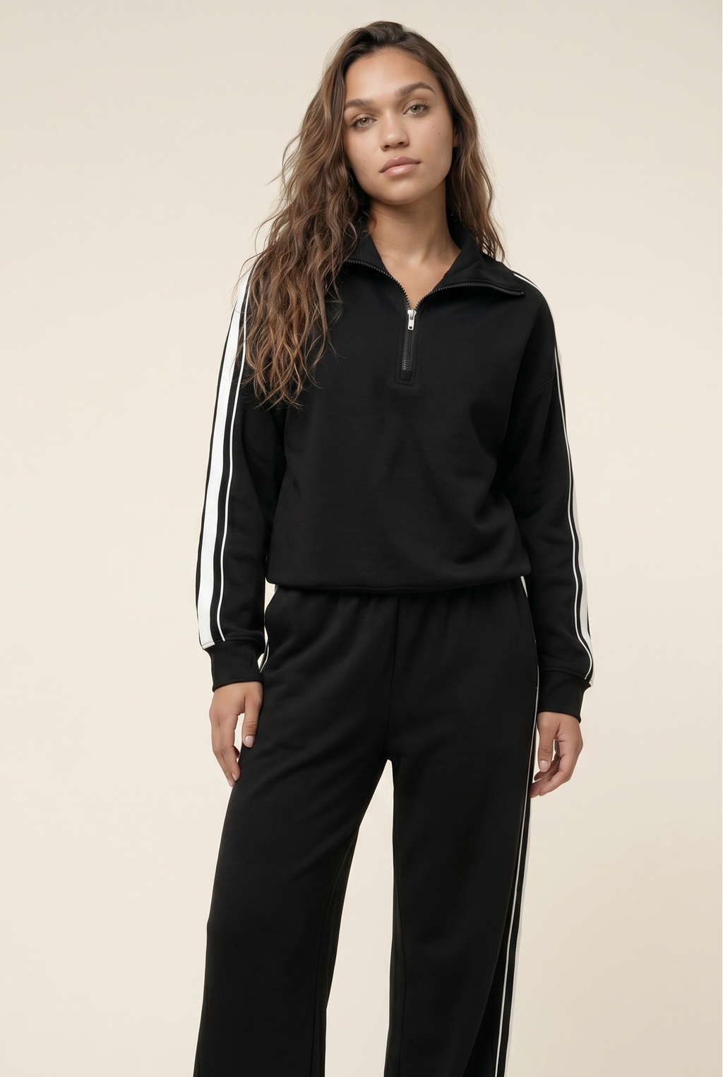 [PRIORIDADE] Conjunto deportivo casual de dos piezas para mujer, otoño, estilo retro, color sólido, sudadera con cremallera, pantalones de pernera ancha con cordón en la cintura, ropa de calle