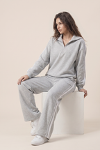 [PRIORIDADE] Conjunto deportivo casual de dos piezas para mujer, otoño, estilo retro, color sólido, sudadera con cremallera, pantalones de pernera ancha con cordón en la cintura, ropa de calle