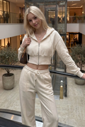 [PRIORIDADE] Nuevo traje informal de algodón de manga larga con cremallera, cárdigan, sudadera con capucha y pantalones con cordones, conjunto de dos piezas para mujer