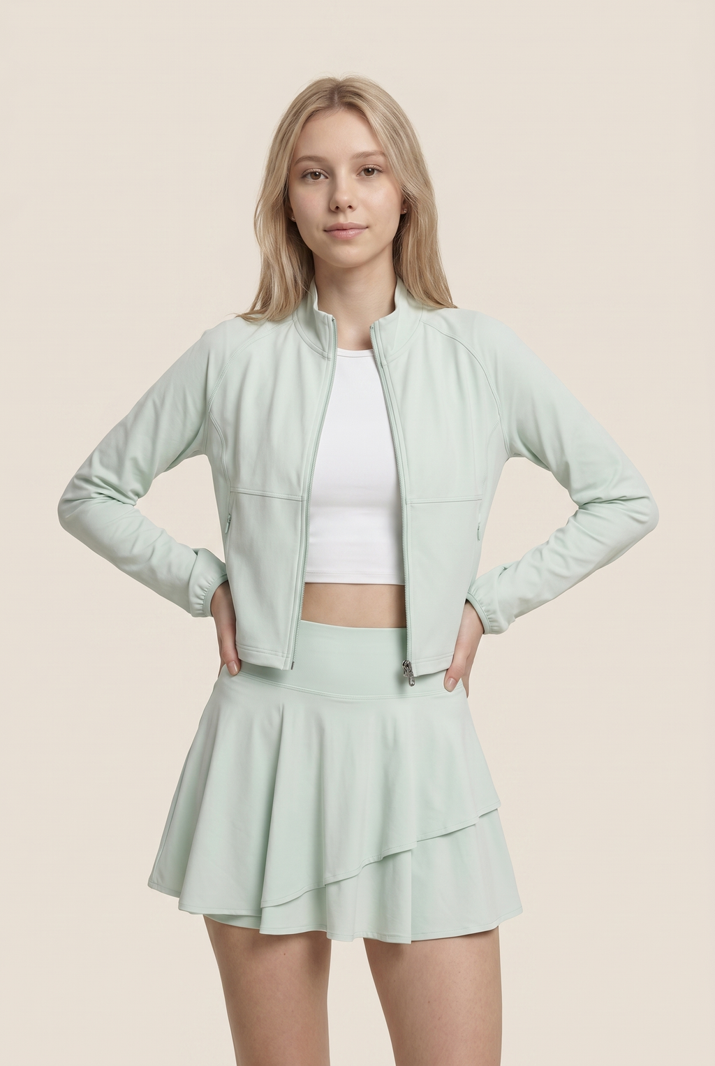 [prioridade] Conjunto Deportivo de Tenis y Golf para Mujer de Protección Solar: Chaqueta de Manga Larga y Falda Plisada de 2 Piezas para Entrenamiento al Aire Libre