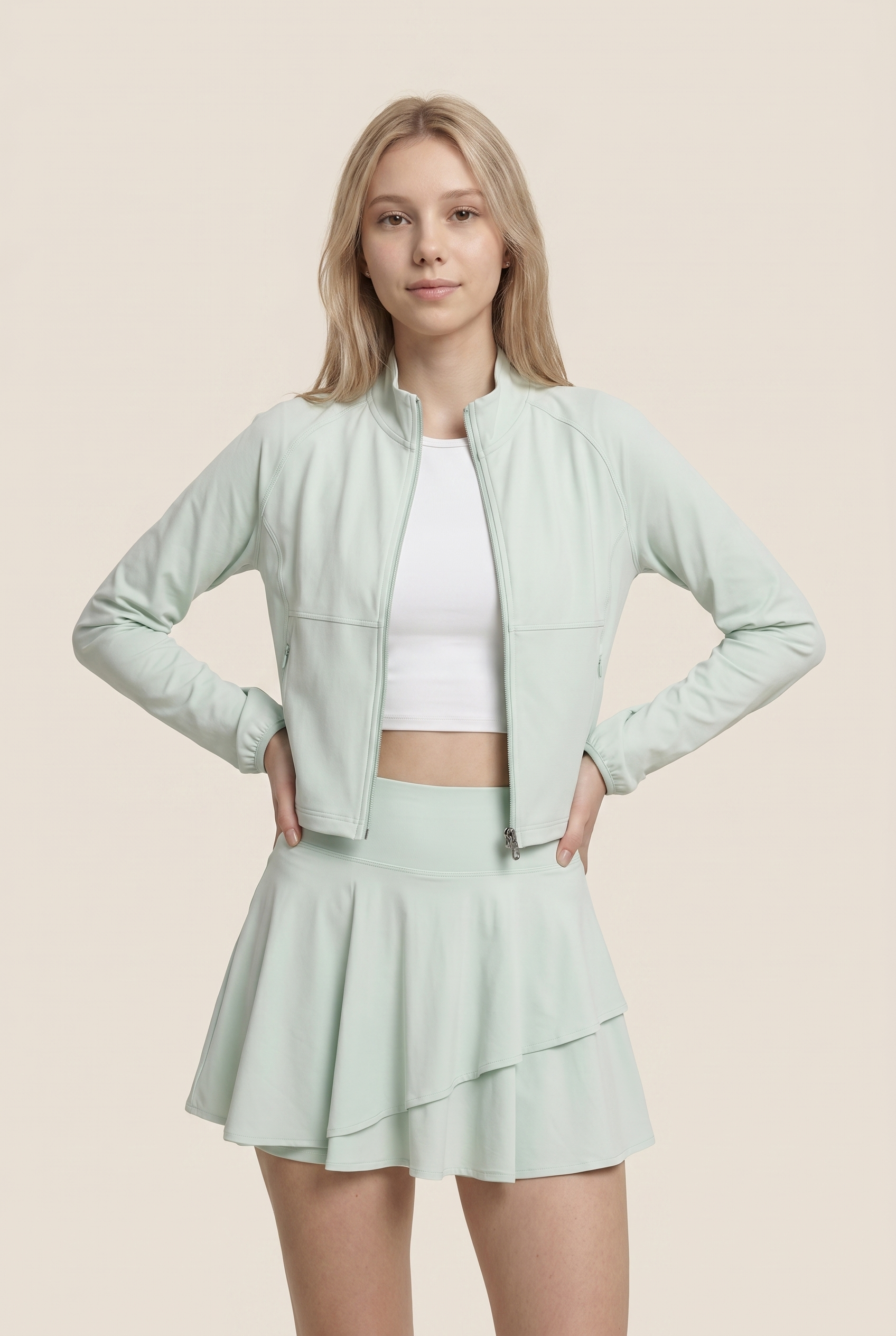 [prioridade] Conjunto Deportivo de Tenis y Golf para Mujer de Protección Solar: Chaqueta de Manga Larga y Falda Plisada de 2 Piezas para Entrenamiento al Aire Libre