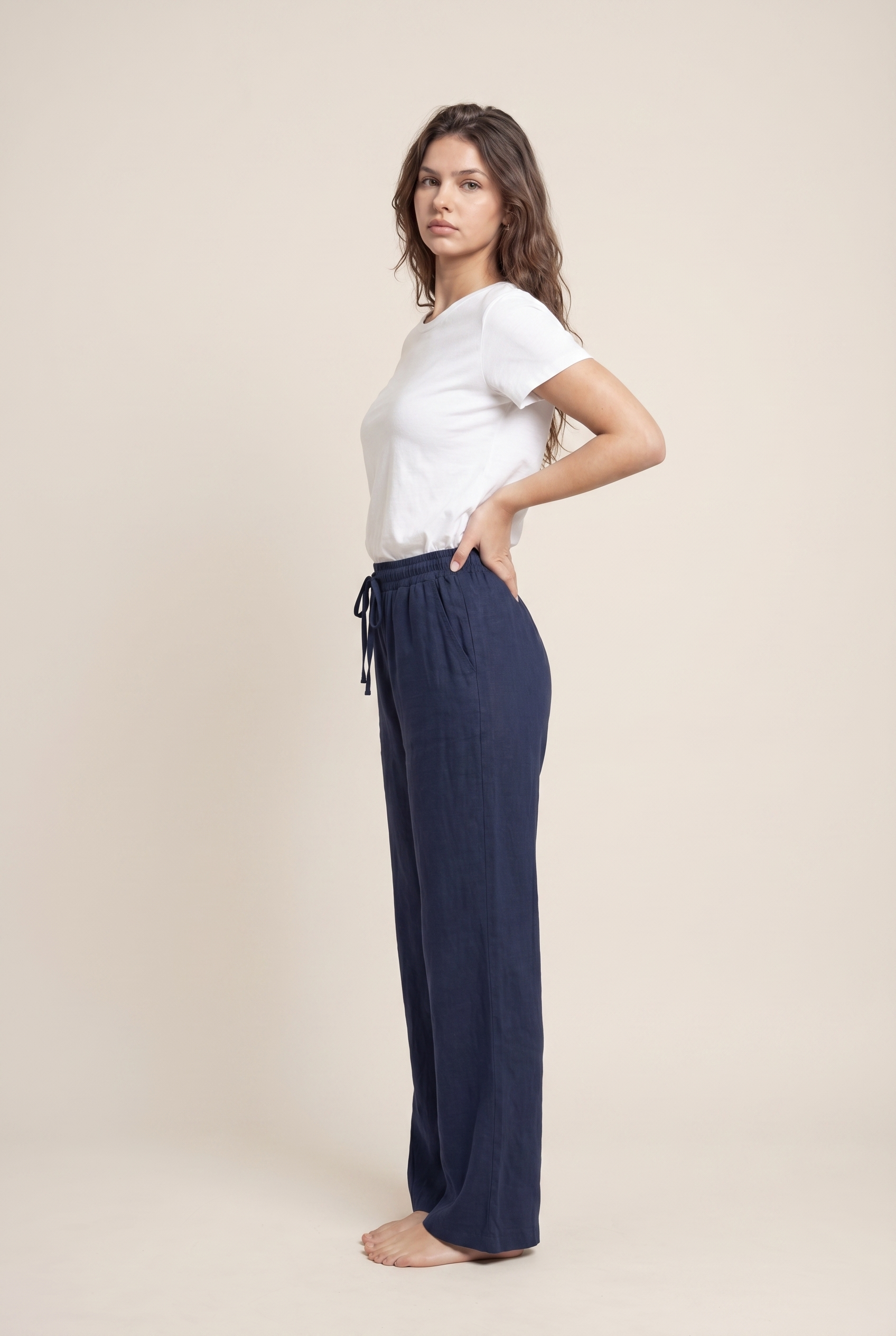 [PRIORIDADE] Pantalones anchos sueltos de color liso para mujer, casuales con cordón, pierna recta, bolsillos, pantalones casuales de tiro alto