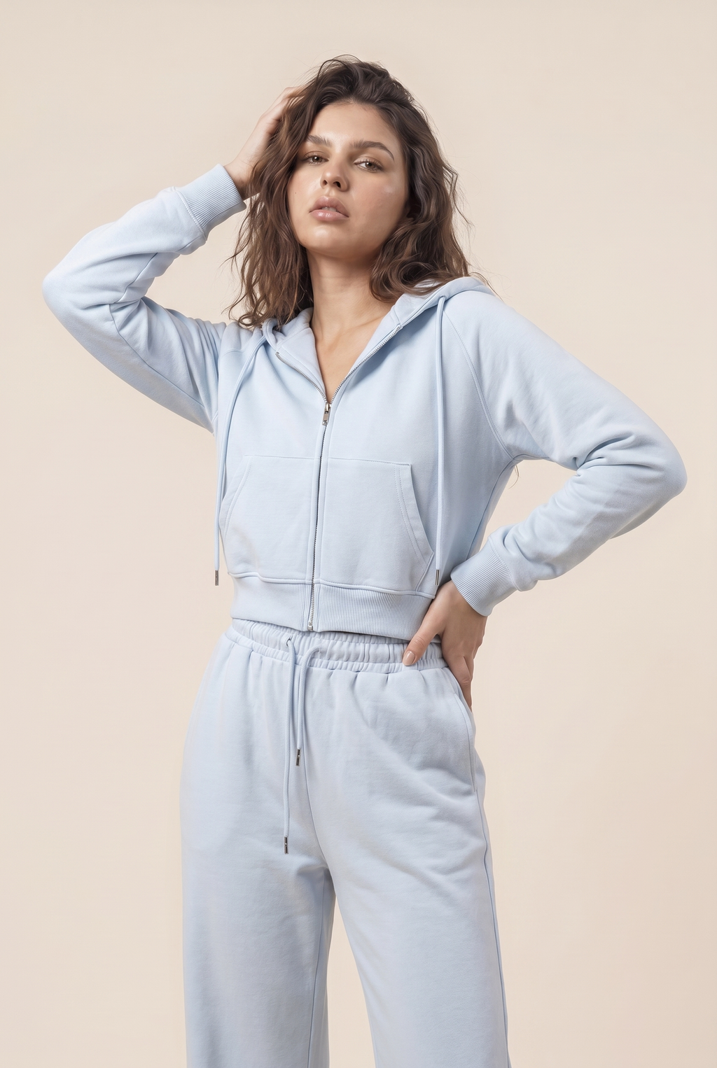 [PRIORIDADE] Traje deportivo de ocio de color liso, abrigo con capucha y cremallera de manga larga, pantalones con cordones, traje de dos piezas para mujer