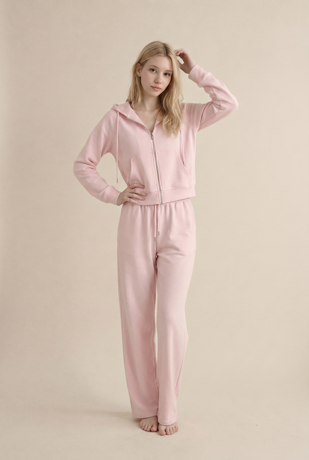 [PRIORIDADE] Traje deportivo de ocio de color liso, abrigo con capucha y cremallera de manga larga, pantalones con cordones, traje de dos piezas para mujer