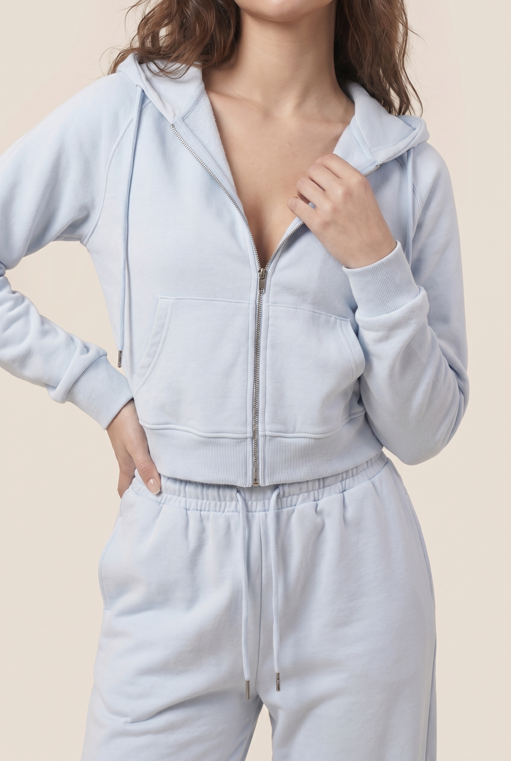 [PRIORIDADE] Traje deportivo de ocio de color liso, abrigo con capucha y cremallera de manga larga, pantalones con cordones, traje de dos piezas para mujer