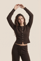 [PRIORIDADE] Combhasaki Conjunto de dos piezas de punto para mujer, cárdigan ajustado de cuello redondo acanalado con botones + pantalones largos de pierna ancha con cordón en la cintura