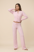 [PRIORIDADE] Combhasaki Conjunto de dos piezas de punto para mujer, cárdigan ajustado de cuello redondo acanalado con botones + pantalones largos de pierna ancha con cordón en la cintura