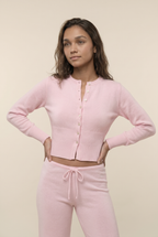 [PRIORIDADE] Combhasaki Conjunto de dos piezas de punto para mujer, cárdigan ajustado de cuello redondo acanalado con botones + pantalones largos de pierna ancha con cordón en la cintura