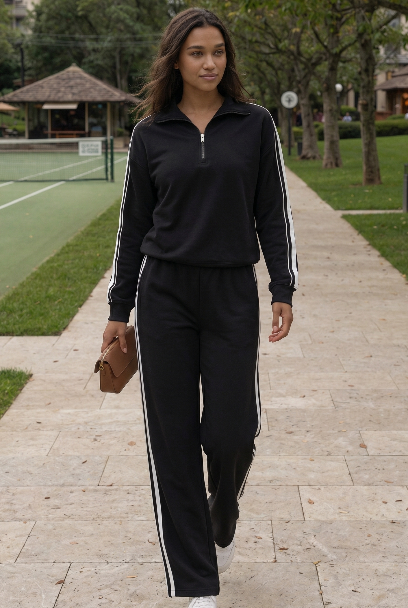 [PRIORIDADE] Conjunto deportivo casual de dos piezas para mujer, otoño, estilo retro, color sólido, sudadera con cremallera, pantalones de pernera ancha con cordón en la cintura, ropa de calle