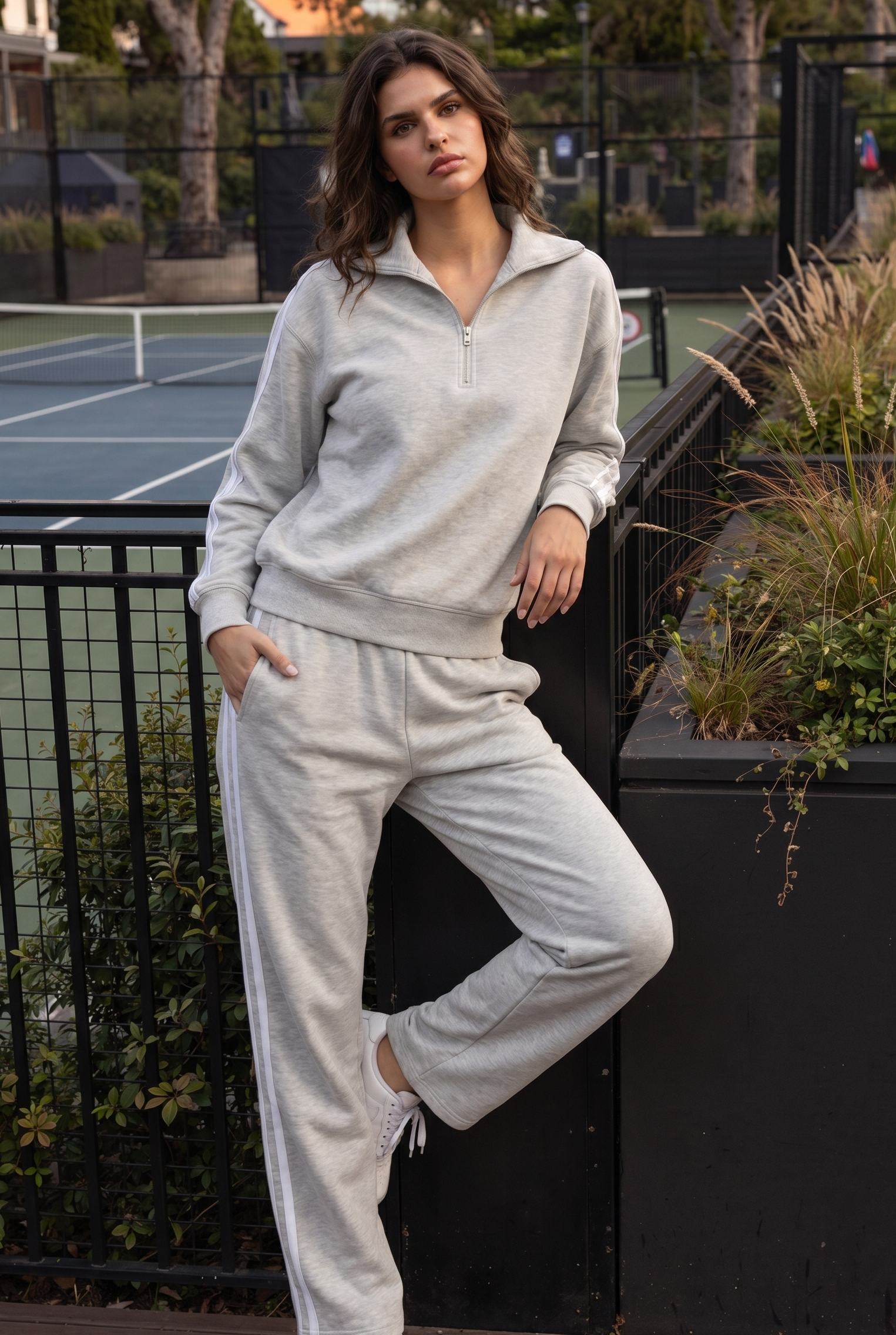 [PRIORIDADE] Conjunto deportivo casual de dos piezas para mujer, otoño, estilo retro, color sólido, sudadera con cremallera, pantalones de pernera ancha con cordón en la cintura, ropa de calle