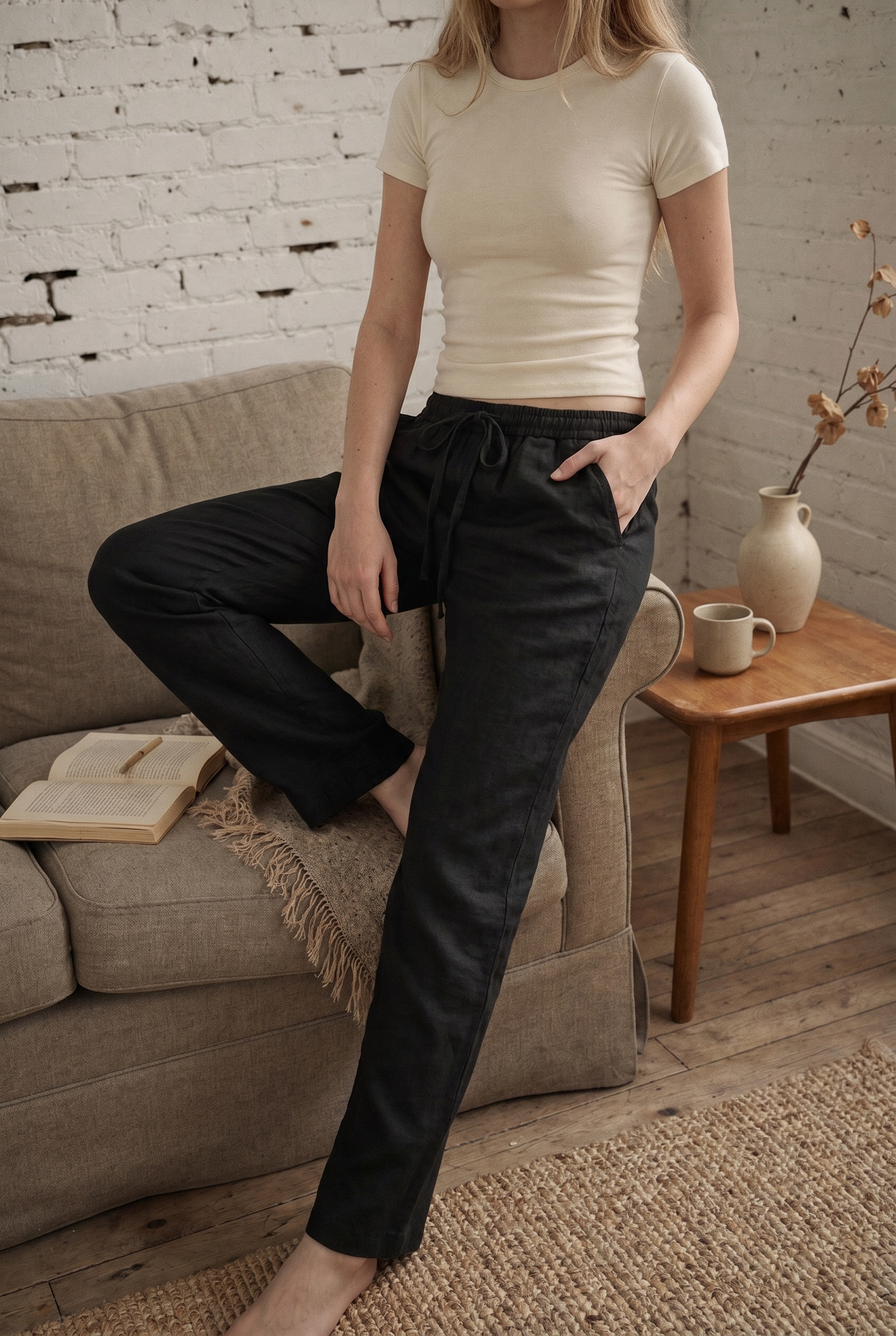 [PRIORIDADE] Pantalones anchos sueltos de color liso para mujer, casuales con cordón, pierna recta, bolsillos, pantalones casuales de tiro alto