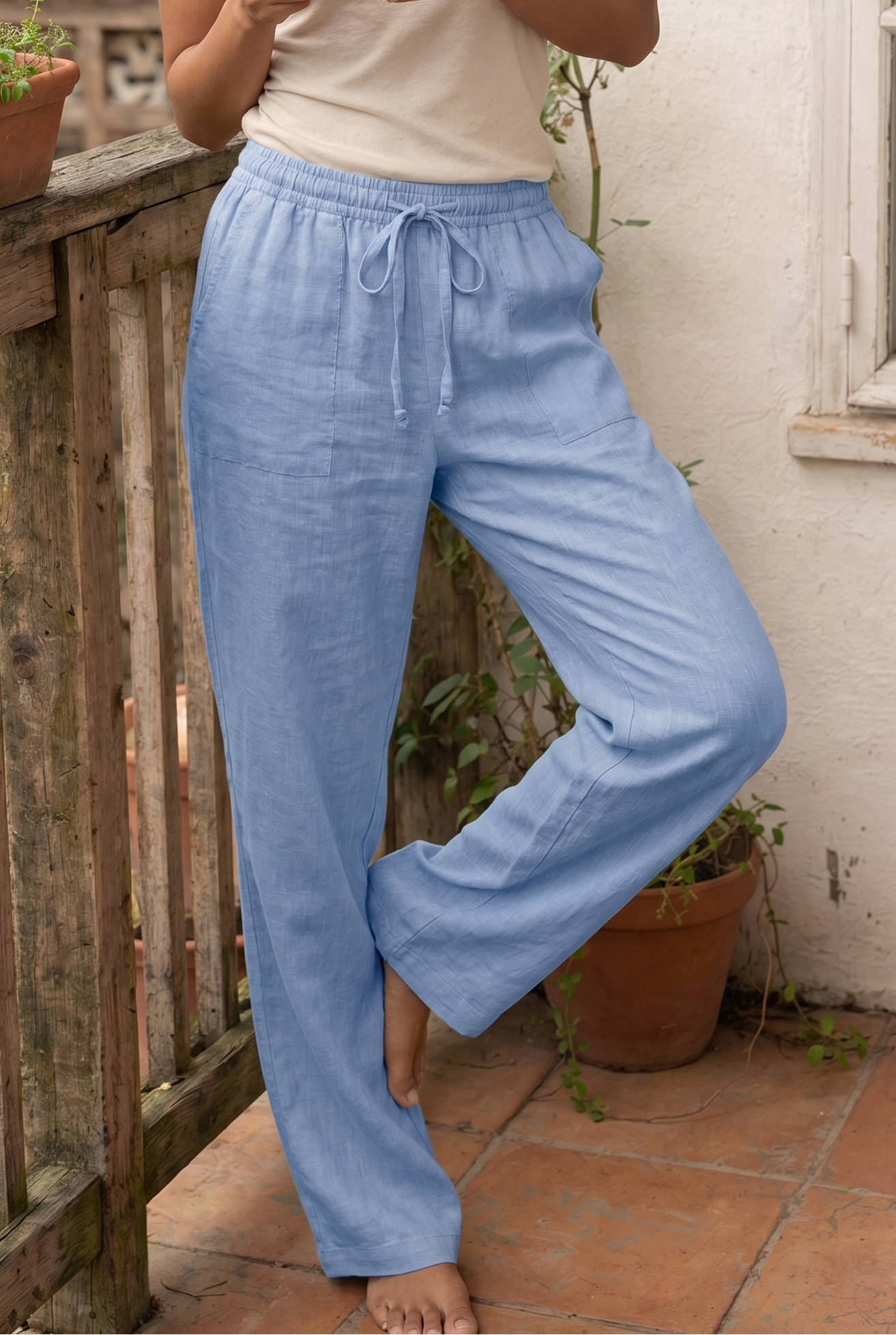 [PRIORIDADE] Pantalones anchos sueltos de color liso para mujer, casuales con cordón, pierna recta, bolsillos, pantalones casuales de tiro alto