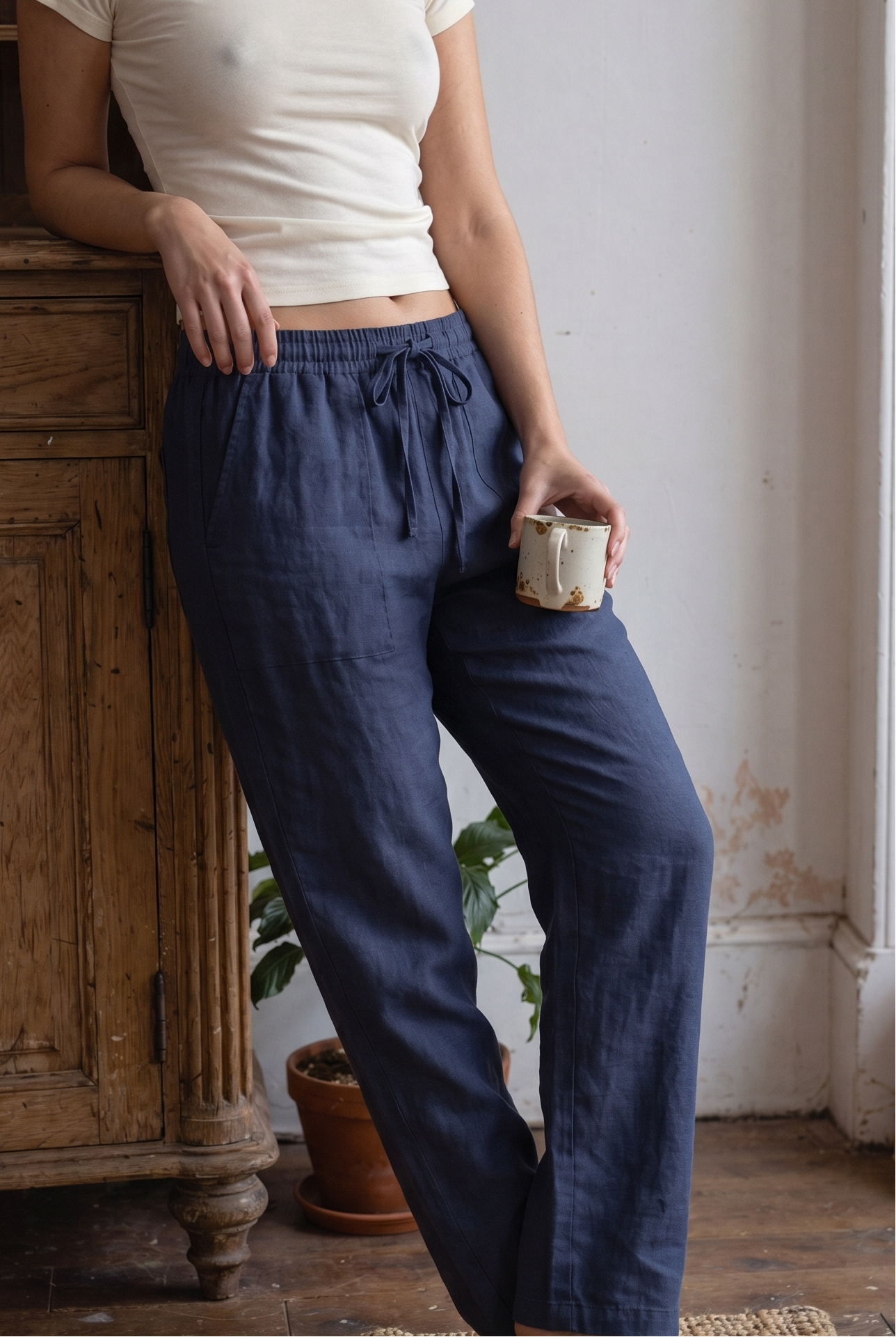 [PRIORIDADE] Pantalones anchos sueltos de color liso para mujer, casuales con cordón, pierna recta, bolsillos, pantalones casuales de tiro alto