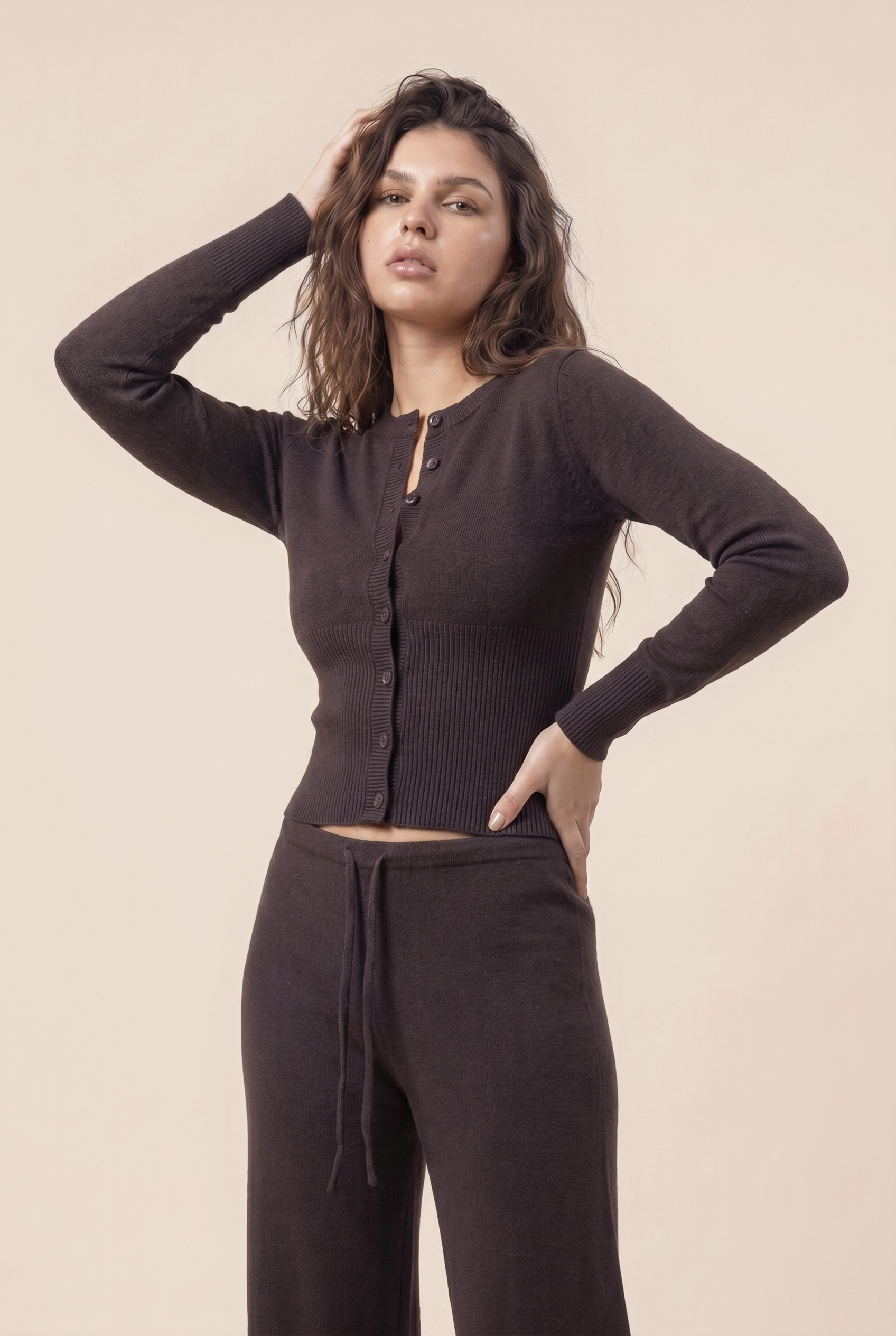 [PRIORIDADE] Cárdigan de ropa para mujer, manga larga, cintura baja, pantalones largos, suéter de color liso, conjuntos de dos piezas para mujer, estilo simple, informal