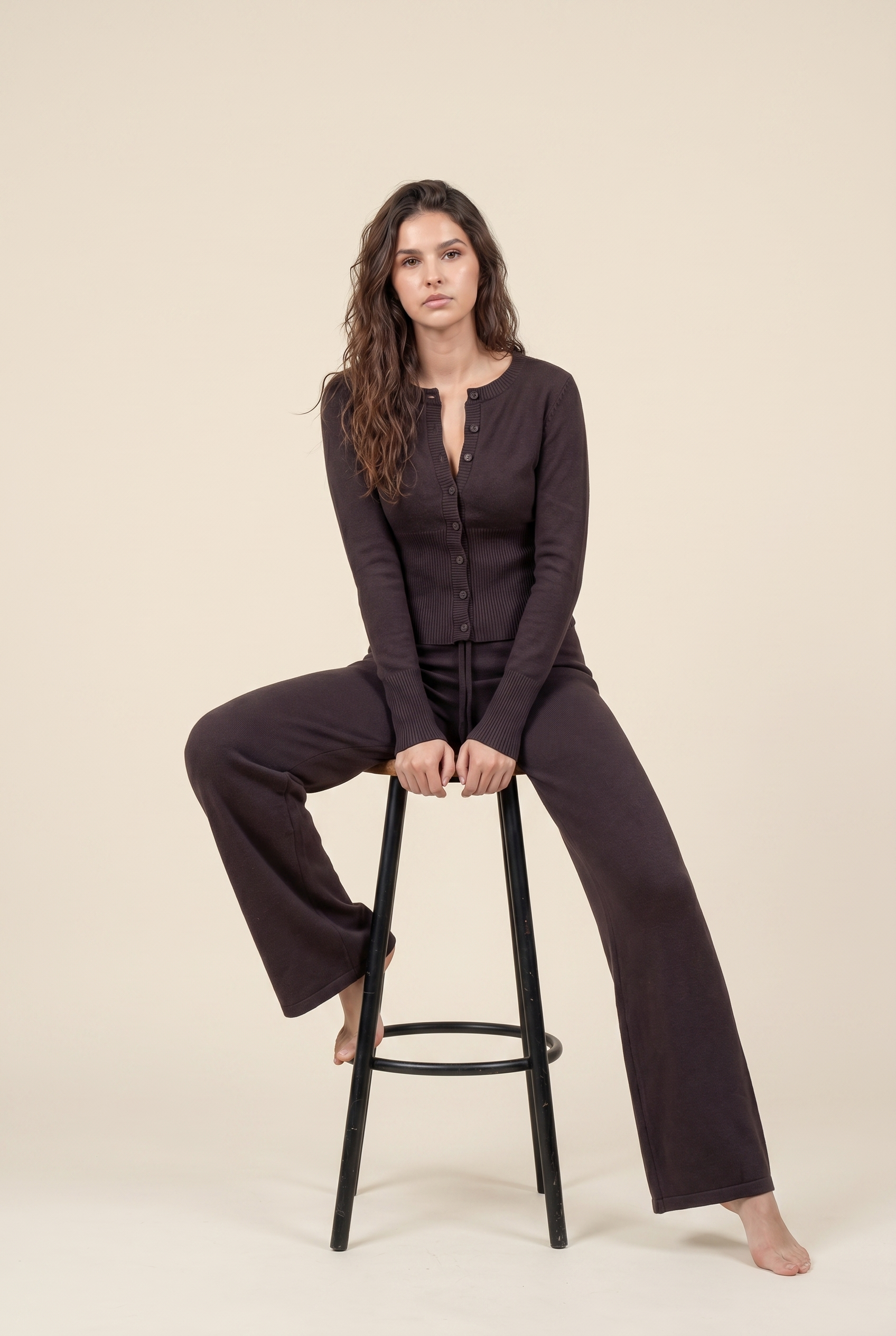 [PRIORIDADE] Cárdigan de ropa para mujer, manga larga, cintura baja, pantalones largos, suéter de color liso, conjuntos de dos piezas para mujer, estilo simple, informal