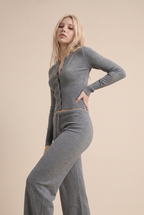 [PRIORIDADE] Cárdigan de ropa para mujer, manga larga, cintura baja, pantalones largos, suéter de color liso, conjuntos de dos piezas para mujer, estilo simple, informal