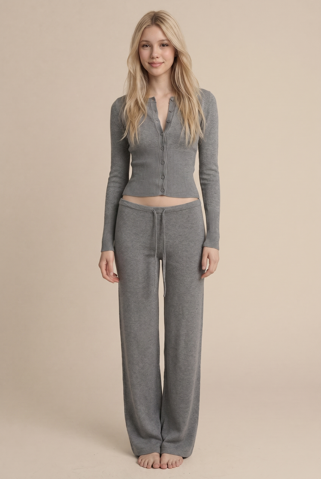 [PRIORIDADE] Cárdigan de ropa para mujer, manga larga, cintura baja, pantalones largos, suéter de color liso, conjuntos de dos piezas para mujer, estilo simple, informal