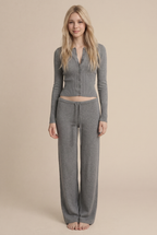 [PRIORIDADE] Cárdigan de ropa para mujer, manga larga, cintura baja, pantalones largos, suéter de color liso, conjuntos de dos piezas para mujer, estilo simple, informal