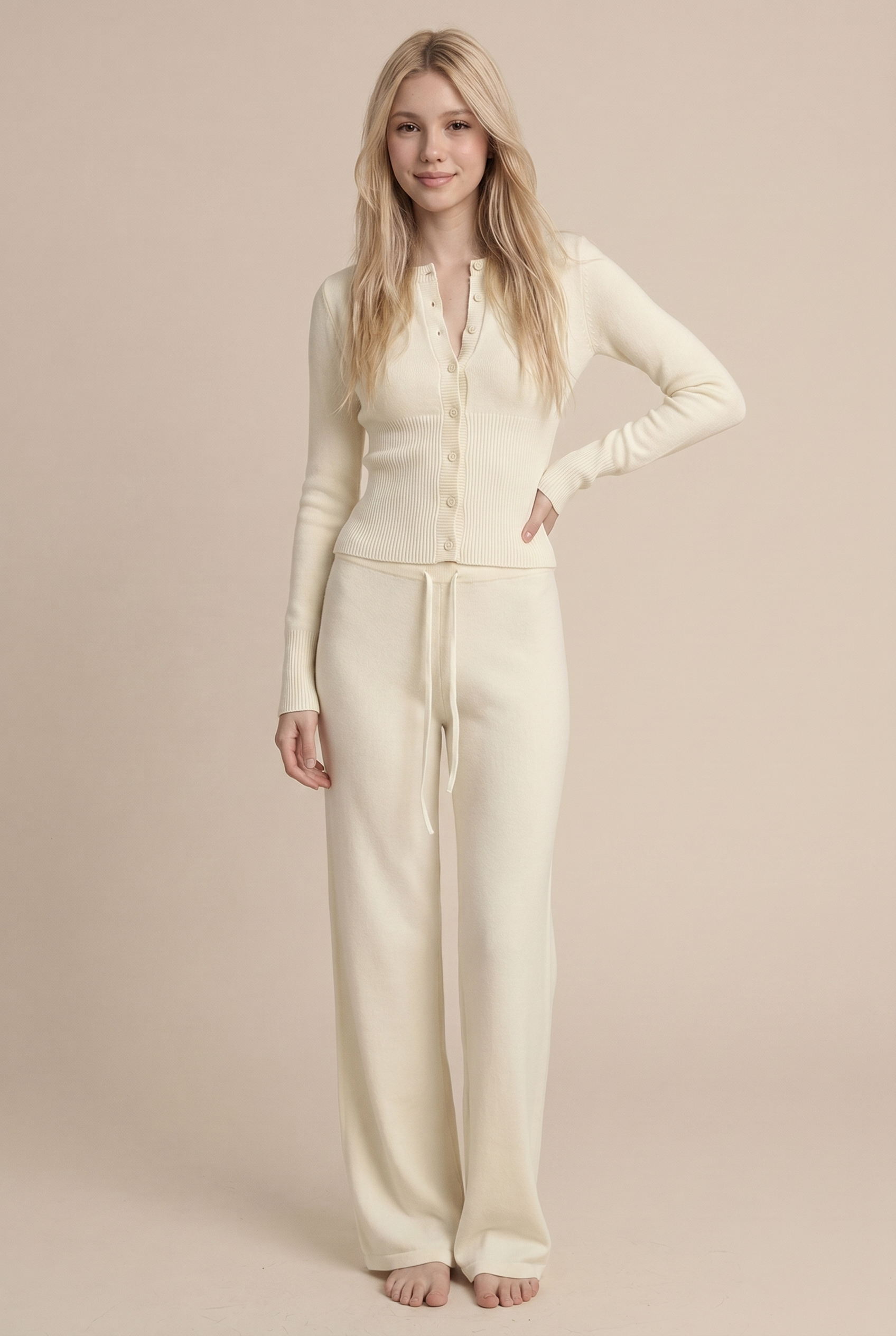 [PRIORIDADE] Cárdigan de ropa para mujer, manga larga, cintura baja, pantalones largos, suéter de color liso, conjuntos de dos piezas para mujer, estilo simple, informal