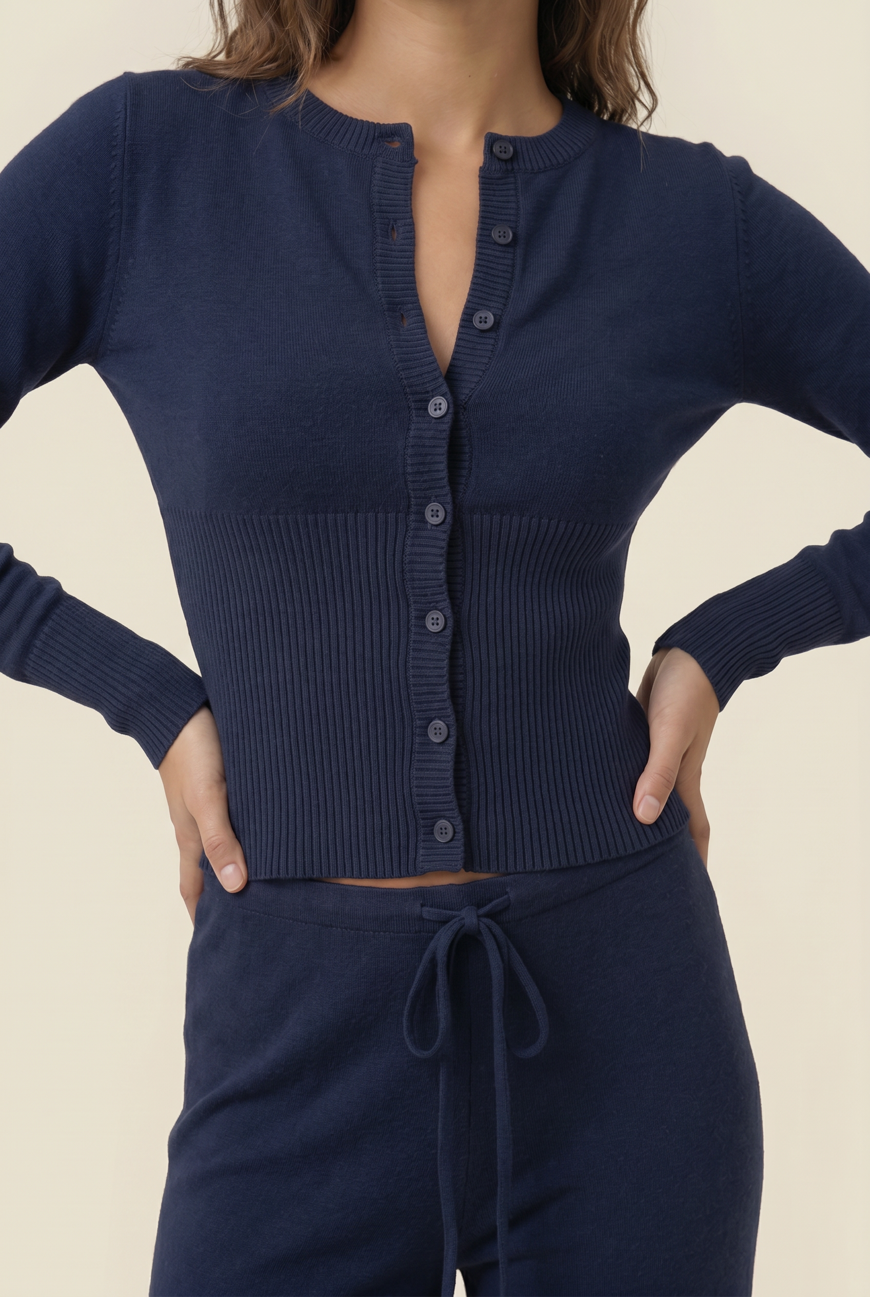 [PRIORIDADE] Cárdigan de ropa para mujer, manga larga, cintura baja, pantalones largos, suéter de color liso, conjuntos de dos piezas para mujer, estilo simple, informal