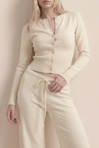 [PRIORIDADE] Cárdigan de ropa para mujer, manga larga, cintura baja, pantalones largos, suéter de color liso, conjuntos de dos piezas para mujer, estilo simple, informal