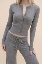 [PRIORIDADE] Cárdigan de ropa para mujer, manga larga, cintura baja, pantalones largos, suéter de color liso, conjuntos de dos piezas para mujer, estilo simple, informal