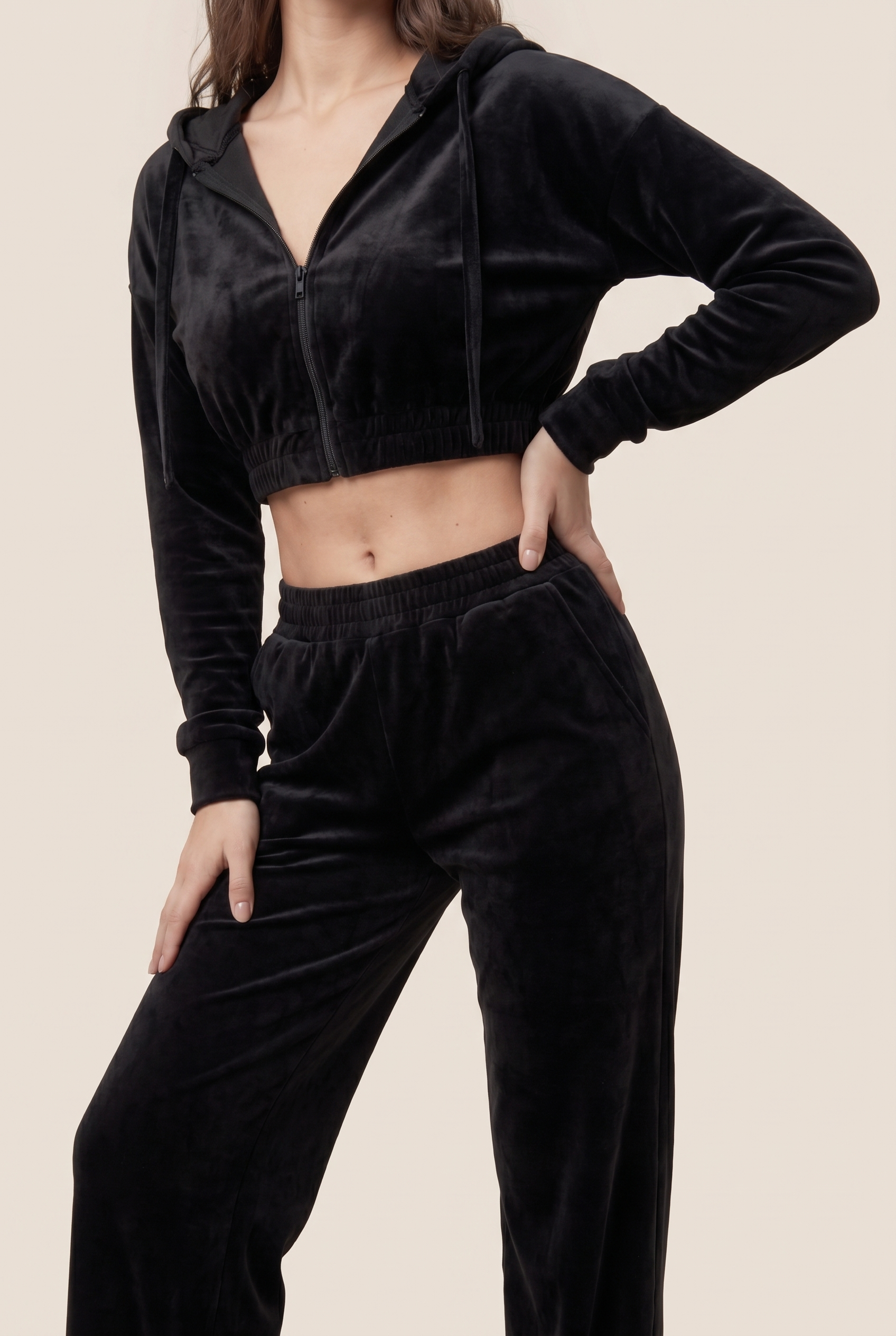 [PRIORIDADE] Traje de sudadera con capucha y cremallera de manga larga ultra corta casual para mujer, pantalones deportivos elásticos de cintura, conjunto de dos piezas para mujer
