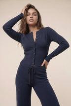 [PRIORIDADE] Cárdigan de ropa para mujer, manga larga, cintura baja, pantalones largos, suéter de color liso, conjuntos de dos piezas para mujer, estilo simple, informal