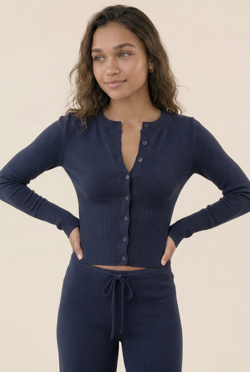 [PRIORIDADE] Cárdigan de ropa para mujer, manga larga, cintura baja, pantalones largos, suéter de color liso, conjuntos de dos piezas para mujer, estilo simple, informal