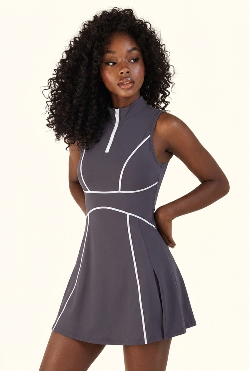 Contrast Piping Zip-Front Sculpt Active Dress