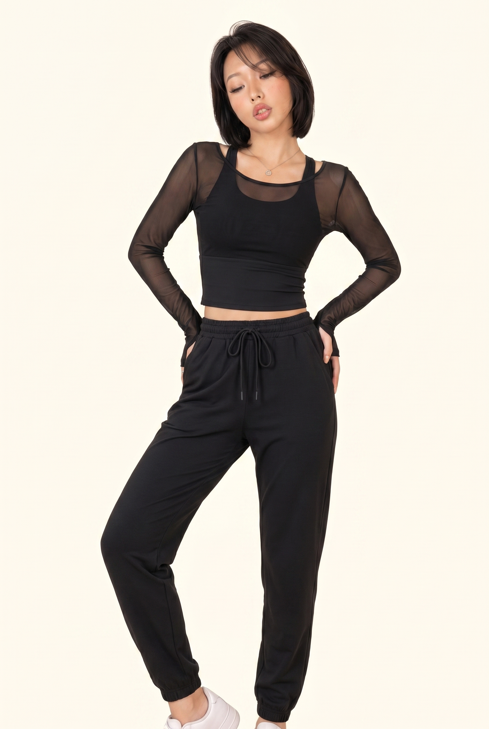 Sheer Mesh Contour Long Sleeve Cropped Active Top