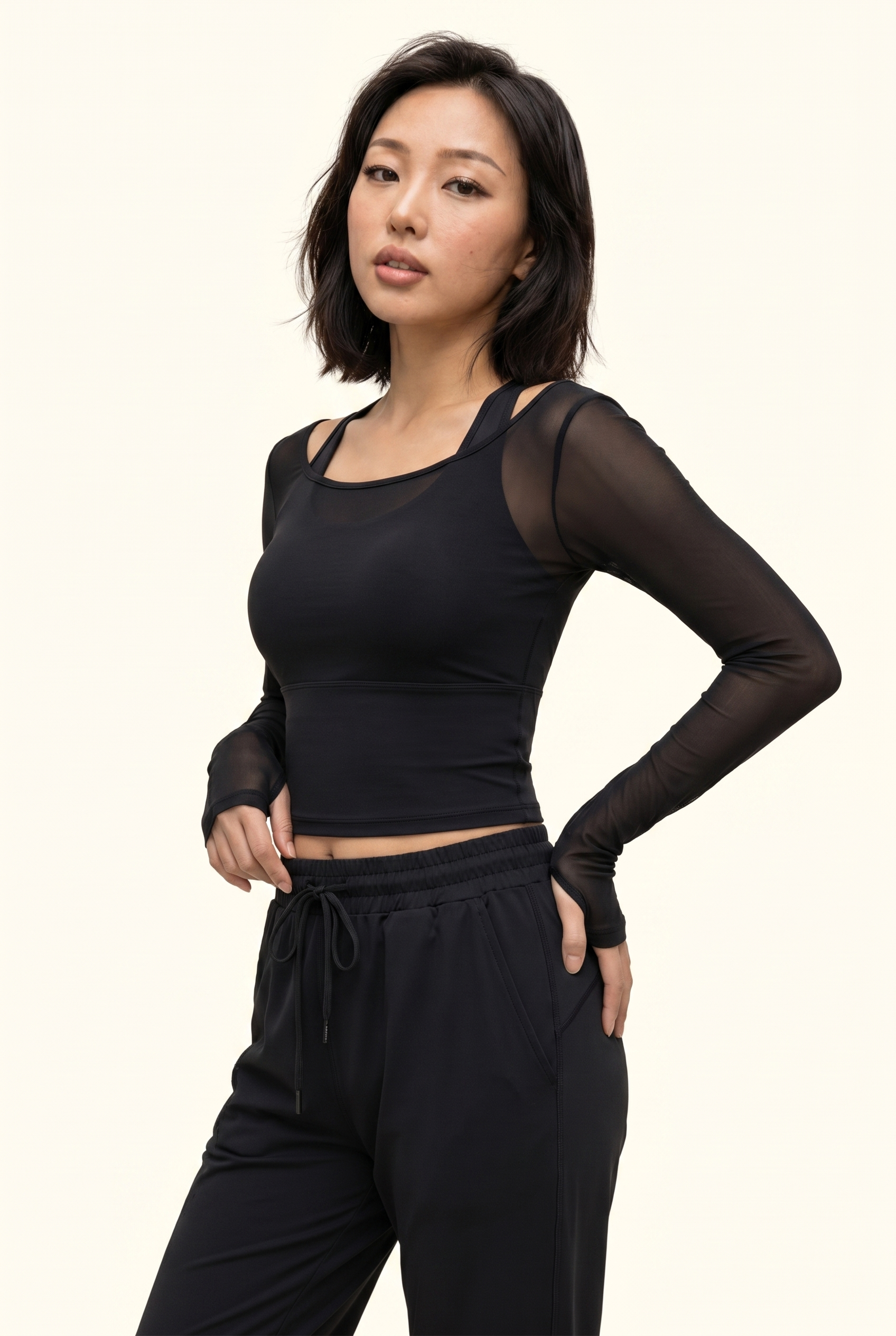 Sheer Mesh Contour Long Sleeve Cropped Active Top