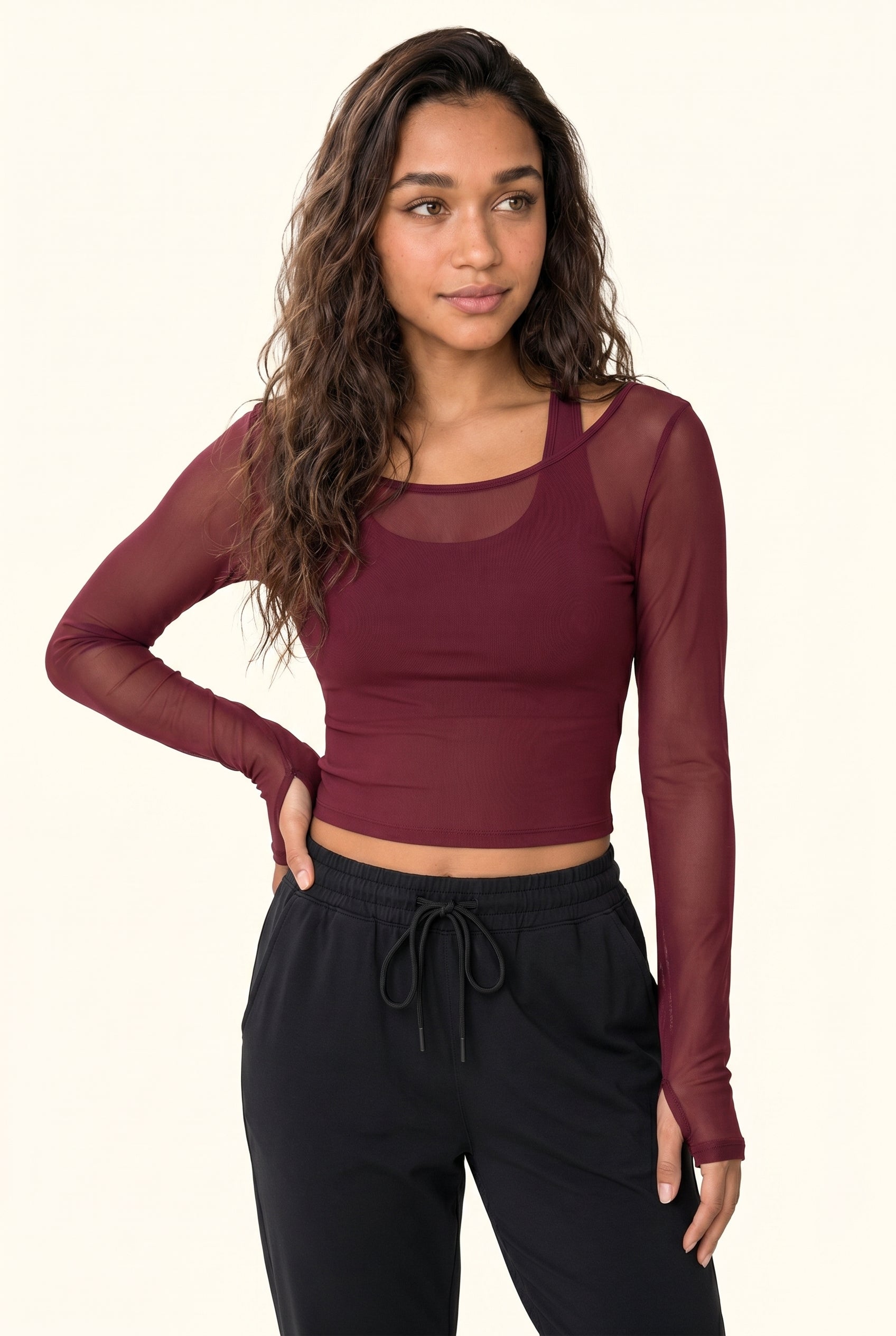 Sheer Mesh Contour Long Sleeve Cropped Active Top