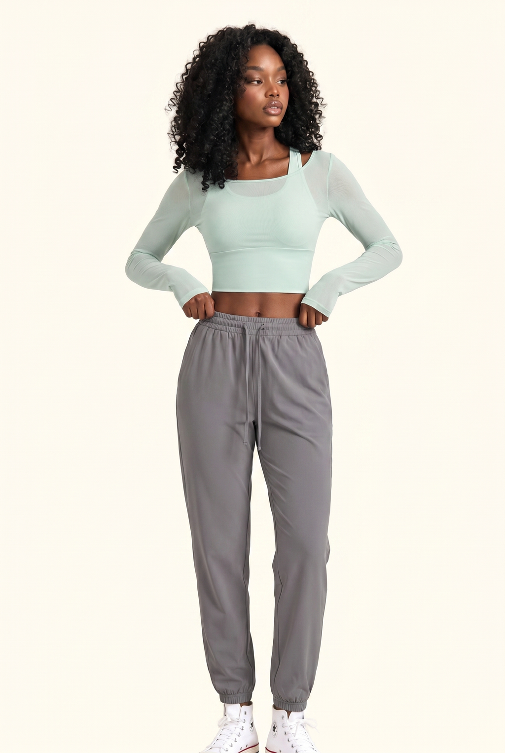Sheer Mesh Contour Long Sleeve Cropped Active Top