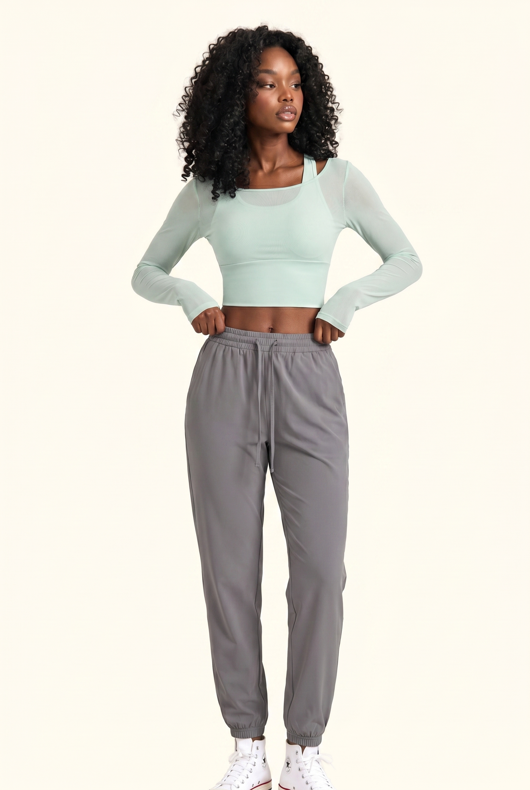 Sheer Mesh Contour Long Sleeve Cropped Active Top