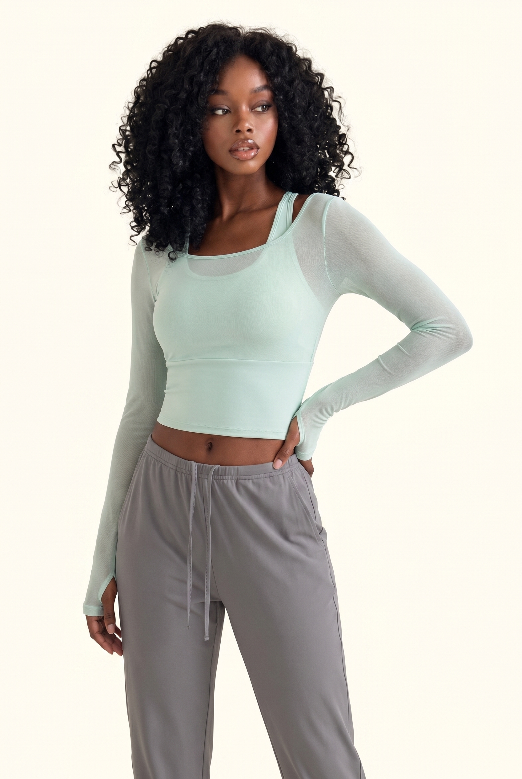 Sheer Mesh Contour Long Sleeve Cropped Active Top