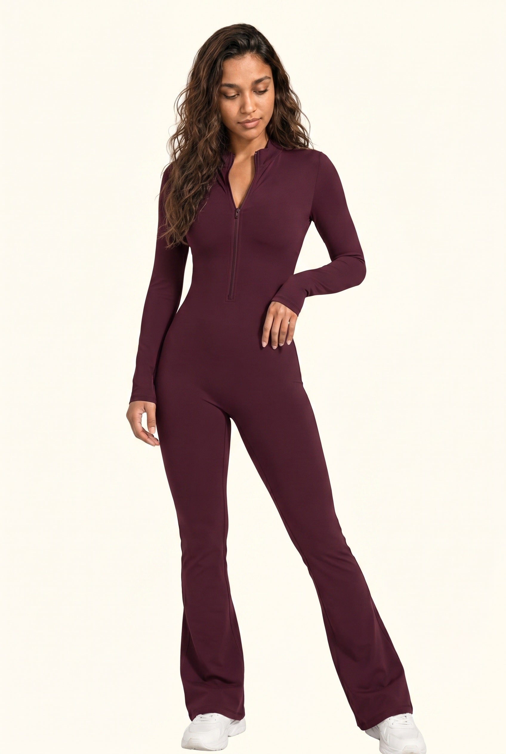 Sleek Contour Zip Front Flare Jumpsuit
