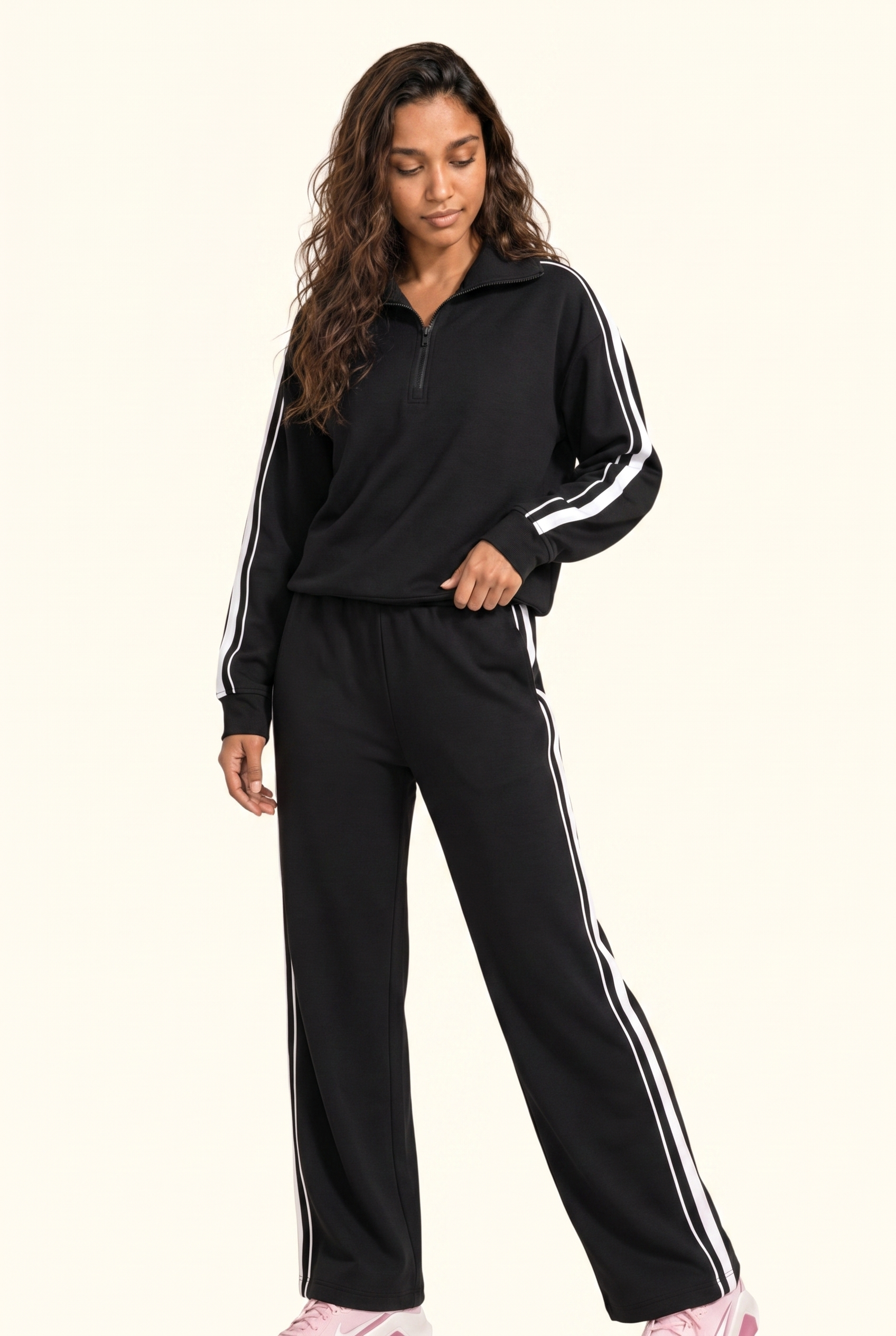 Stripe Half Zip Pullover and Wide Leg Pants Matching Set